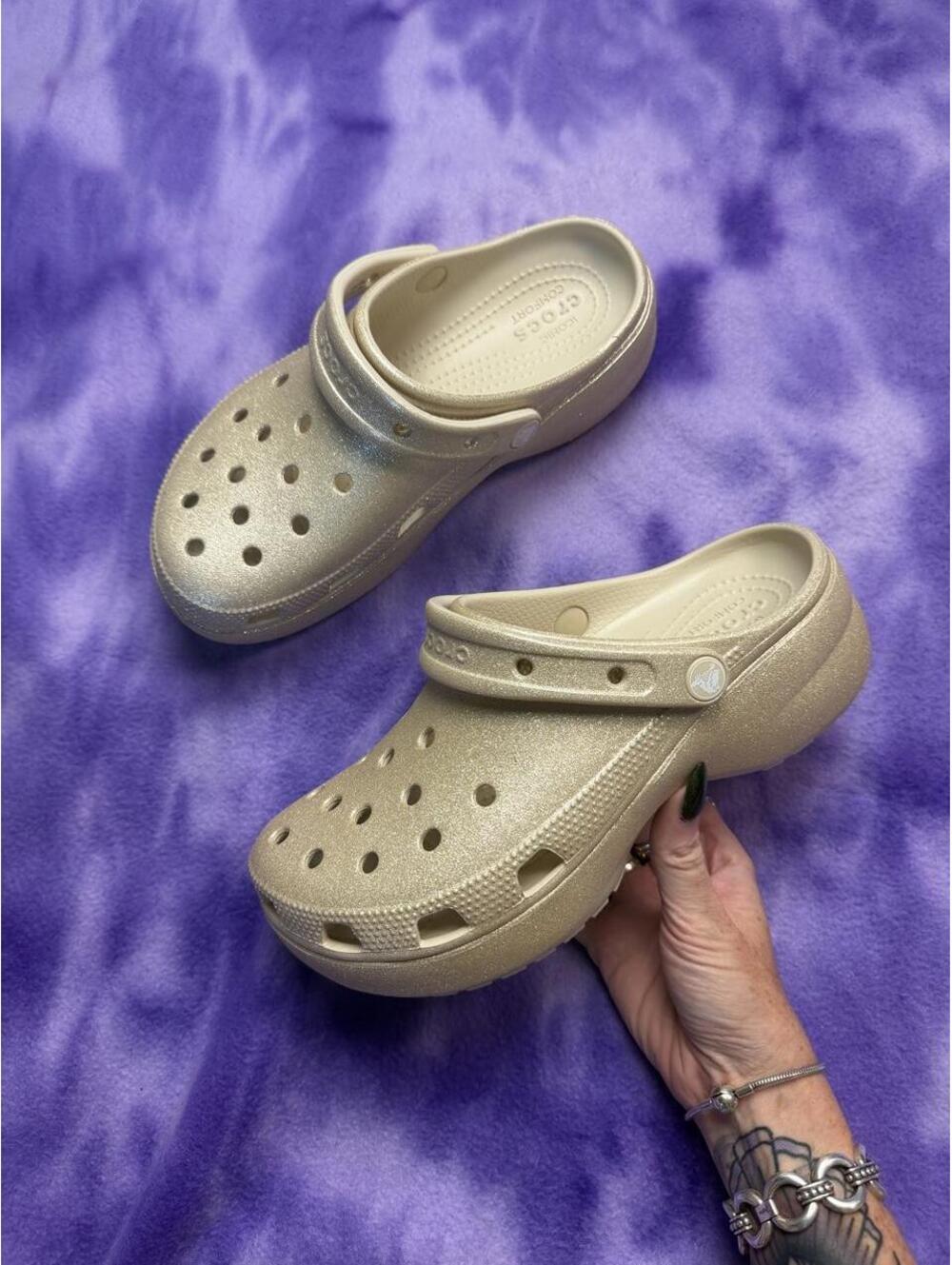 Crocs champagne gold glittery shimmer platforms